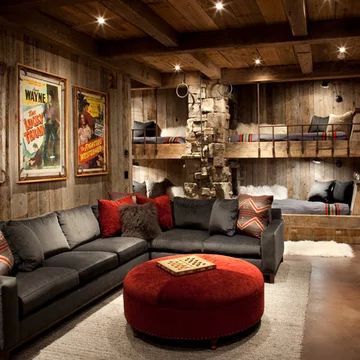 Log Cabin Interior Design, Cabin Interior Design, Modern Bunk Beds, Log Cabin Interior, Rustic Basement, Bunk Rooms, Bunk Bed Designs, Cabin Interiors, Bunk Room