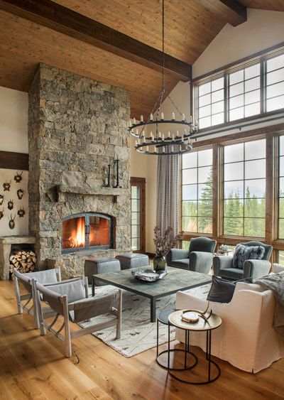 Modern Ranch House, House Mediterranean, Fall Drink, Montana Homes, Timber Beams, Modern Ranch, Studio M, The Fireplace, Floor To Ceiling Windows