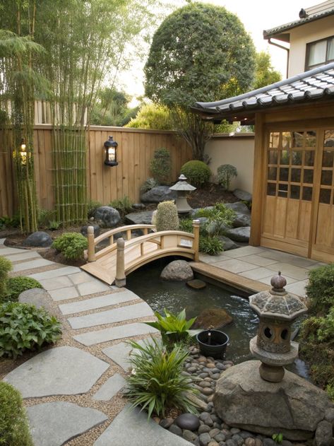 Immerse yourself in tranquility with a Japanese-style garden! Discover the beauty of nature and design in perfect harmony. Share your garden dreams! . #homeandgarden #betterhomesandgardens #homegardening #homesandgardens #homegarden #gardenhome #gardeningathome #flowers #plants #beautifulflowers Zen Backyard Ideas Japanese Style, Japanese Inspired Front Yard Landscaping, Japanese Backyard Design, Japanese Garden Water Feature, Japanese Garden Flowers, Japanese Style Garden Ideas, Japanese Style Garden Backyards, Japanese Garden Indoor, Japanese Patio Ideas