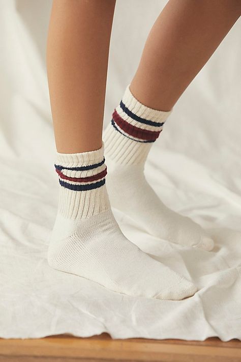 Classic sporty crew socks featured in a wide ribbed design with striped details at the ankle.* Calf-high rise* Comfortable fit 80s Socks, Long White Socks, Striped Tube Socks, Socks Style, Vintage Socks, Tennis Fashion, Free People Style, Retro Stripes, Striped Socks