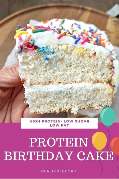 Light and fluffy, made with egg whites and protein powder, this healthy birthday cake recipe doesn't have to be saved for a special occasion. In fact, I would make it for dessert any day of the week! Healthy Birthday Cake Recipes, Protein Birthday Cake, Protein Powder Cake, Vsg Meals, Protein Cake Recipe, Healthy Birthday Cake, Bariatric Snacks, Healthy Protein Desserts, Protein Cake Recipes