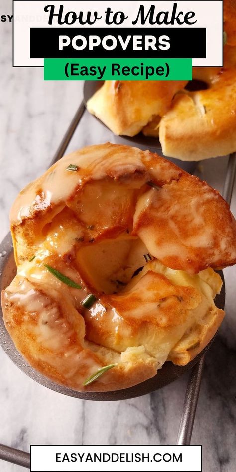 Close up of popovers in a baking tin. Easy Popover Recipe, Popovers Recipes, Brown Rolls, Easy Popovers, Banana Breakfast Recipes, Popover Recipe, Healthy Brunch Recipes, Dessert Recipies, Bisquick Recipes