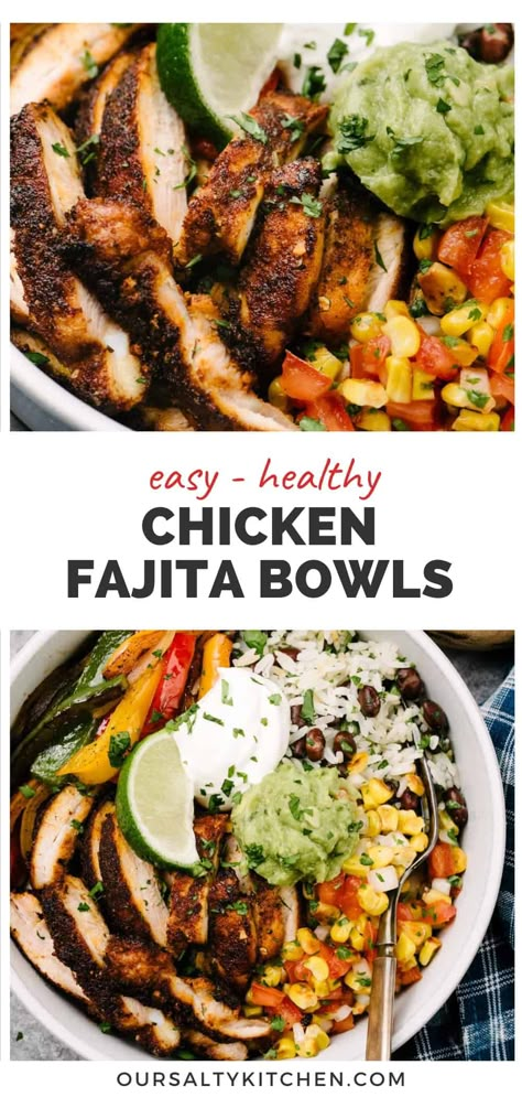 Chicken fajita bowls are a balanced bite for busy people who crave big flavor! These bowls are designed for meal prep, and they've got staying power - they're just a good on day 4 as they were on day 1, and packed with plenty of protein. Made with sizzling strips of fajita chicken, sautéed onions and peppers, tangy tomato corn salsa, and savory black beans and rice, these bowls take around one hour to prep. #mealprep #chickenfajita #bowls #chickenrecipes #texmex #healthyrecipes Grilled Chicken Mexican Bowls, Power Bowl Chicken, Sheet Pan Chicken Fajita Bowls, Grilled Chicken Protein Bowl, Chicken Fajitas Bowl Healthy, Barbecue Chicken Bowls Healthy, Trader Joes Bowls, Low Carb Chicken Fajita Bowl, Fajita Chicken Burrito Bowl