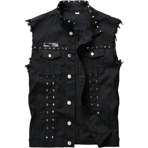 Men's Punk Rock Gothic Distressed Denim Vest Ripped Hem Edgy Sleeveless Jean Vest With Rivets Unleash Your Rebellious Spirit With This Punk Studded Denim Vest. Crafted For Those Who Dare To Defy Convention, This Sleeveless Jean Vest Exudes Edgy Attitude With Its Ripped And Distressed Detailing. Adorned With Metal Studs, It Adds A Touch Of Punk Rock Flair To Any Outfit. Perfect For Layering Over Band Tees Or Pairing With Leather Jackets, This Vest Is A Must-Have For Every Rocker's Wardrobe. Embra Punk Leather Jacket, Fitted Jean Jacket, Sleeveless Jean Jackets, Cowgirl Outfit, Studded Denim, Studded Jeans, Jean Vest, Cargo Jacket, Goth Punk