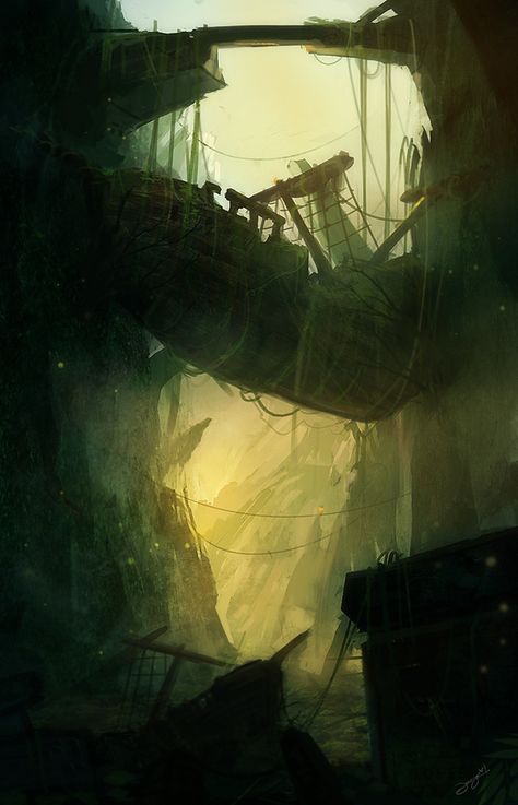 Ship Graveyard Art, Ship Graveyard, Ghost Ship Art, Underwater Ruins, Pirate Ship Art, Underwater Background, Pirate Art, My Fantasy World, Forest Art