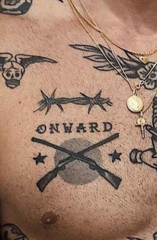 Evel Knievel Tattoo, Crossed Cannons Tattoo Navy, Mens Trap Tattoo Ideas, Onward Tattoo, Cowboy Flash, Denver Tattoo, Patch Tattoos, Patch Tattoo, Chest Ideas