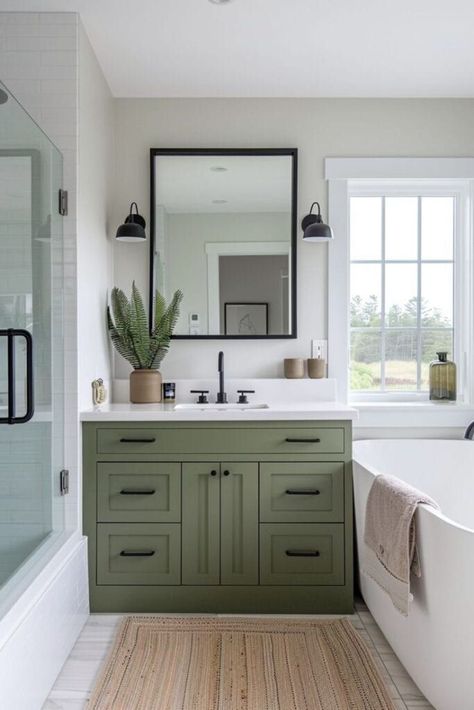 Sage Bathroom Paint Colors, Olive Green Bathroom Cabinets, Olive Green Master Bath, Safe Green Bathroom, Bathroom Vanity With Black Hardware, Small Bathroom Green, Bathroom Green Vanity, Vanity With Black Hardware, Sage Bathroom Ideas