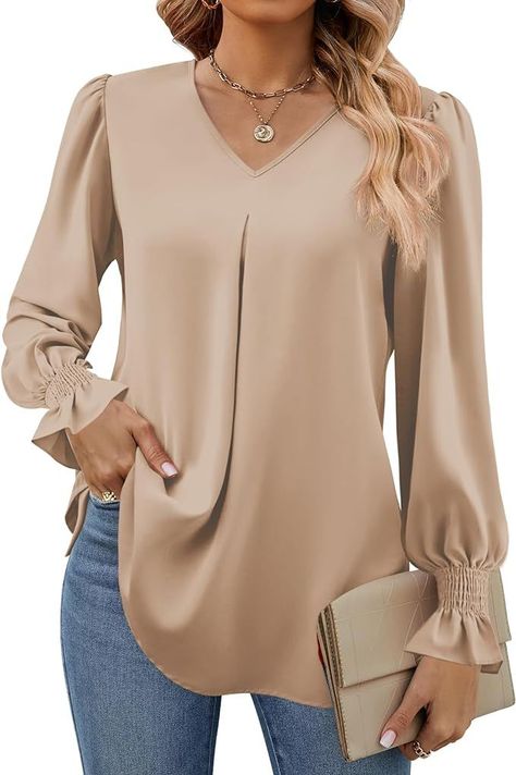 Lantern Sleeved Blouses, V Neck Pullover, Flare Long Sleeve, Simple Blouse, Elegante Casual, Chiffon Shirt, Tunic Shirt, Work Blouse, Dressy Casual