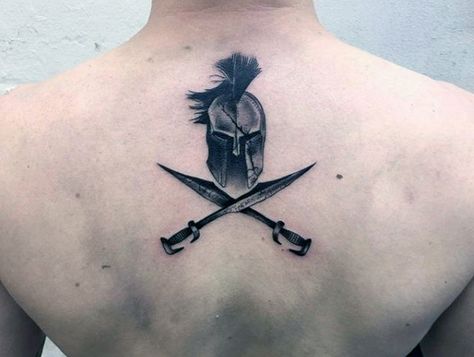 50 Sword Tattoos For Men - A Sharp Sense Of Sophistication Spartan Helmet Tattoo, Tattoos Arm Mann, Small Back Tattoos, Helmet Tattoo, Upper Back Tattoos, Spartan Tattoo, Tattoo Trend, Warrior Tattoos, Eagle Tattoos