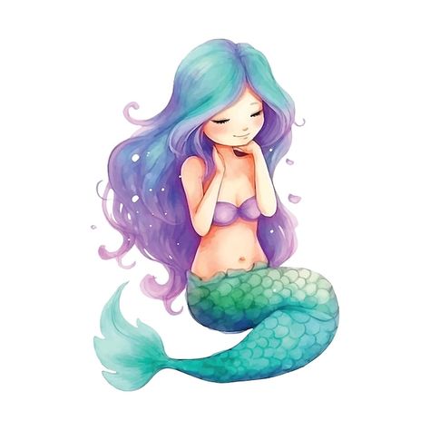 Vector cute mermaid girl watercolor pain... | Premium Vector #Freepik #vector #watercolor-girl #mermaid-watercolor #illustrations #mermaid Watercolour Mermaid Painting, Mermaids Watercolor, Mermaid Watercolor Painting, Mermaid Watercolor, Mermaid Cartoon, Mermaid Illustration, Watercolor Mermaid, Watercolor Girl, Cute Mermaid