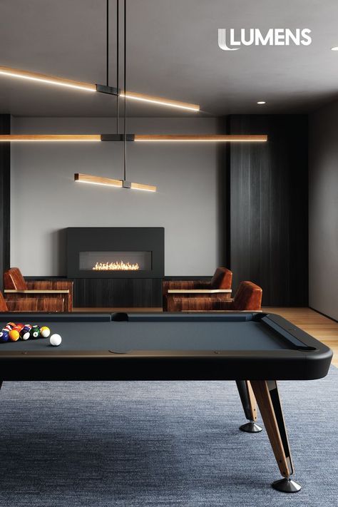 Pool Table Lighting Ideas, Billiards Room Decor, Billiards Bar, Custom Pool Tables, Viking House, Pool Table Room, Porch Fireplace, Game Room Basement, Pool Tables