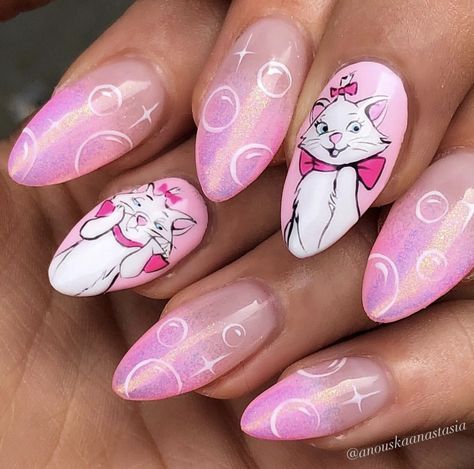 credit: @anouskaanastasia on ig Disney Inspired Nails, Cat Nail Art, Fancy Nail Art, Aristocats Marie, August Nails, Builder Gel Nails, Fancy Nails Designs, Nail Art Disney, Disney Nails