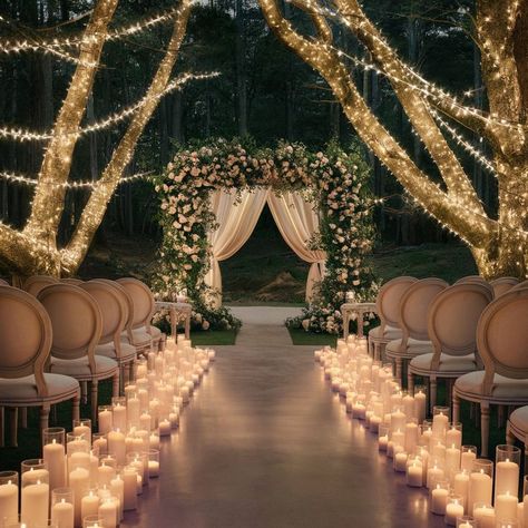 Tree Wedding Ceremony Decoration, Wedding Altar With Candles, Moonlight Wedding Ceremony, Evening Outside Wedding, Wedding With Lights Outdoor, Wedding Venues Lights, Outdoor Wedding Aisle Ideas Benches, Wedding Ceremony Under Willow Tree, Candle Light Ceremony Wedding