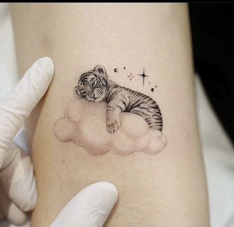 White Tiger Tattoo, Rad Tattoos, Kitty Tattoos, Tiger Tattoos, Cute Animal Tattoos, Tiger Tattoo Design, Mommy Tattoos, Cloud Tattoo, Inspiration Tattoos