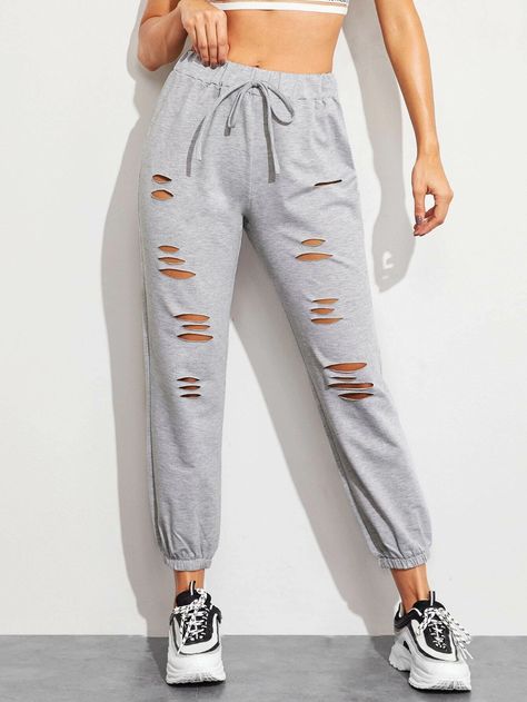 Drawstring Waist Ripped Sweatpants | SHEIN USA Ripped Sweatpants, Peg Pants, Sports Pants Women, Spandex Pants, Striped Wide Leg Pants, Lace Pants, Swag Outfits For Girls, Women Sports, Sports Pants