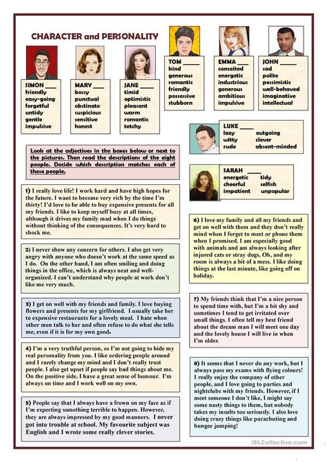 Character and personality - English ESL Worksheets for distance learning and physical classrooms Adjectives To Describe Personality, Personality Adjectives, Descriptions Of People, Speaking Activities English, Adjectives Activities, Character Worksheets, English Lesson Plans, Describing Characters, Grammar Practice