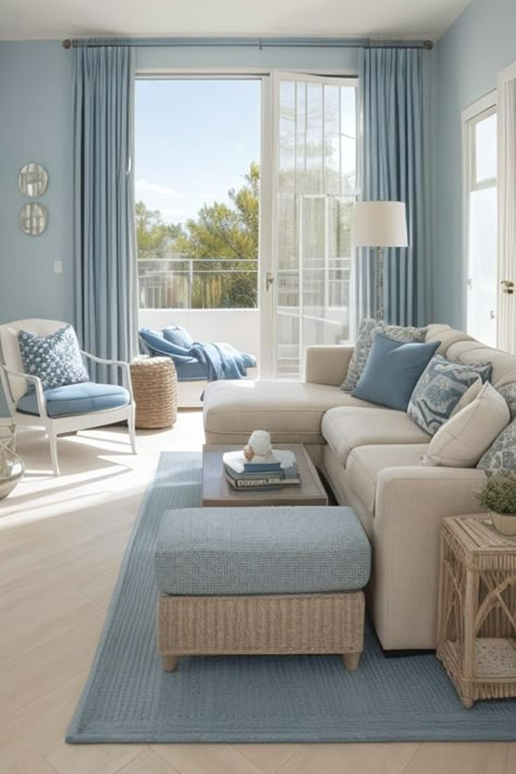 Cream And Blue Living Room, Light Blue Furniture, Blue And Cream Living Room, Light Blue Living Room, Blue Walls Living Room, Blue And White Living Room, Cream Living Rooms, Blue Interior Design, Light Blue Walls