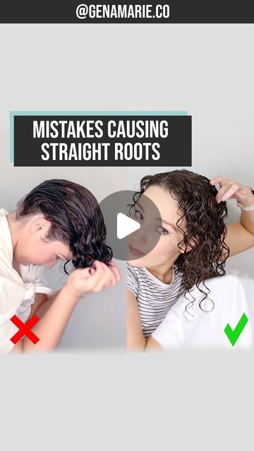 Gena Marie | Curly Creator on Instagram: "Are your roots straighter than the rest? Comment LINKS to receive product links and the full video for more help with increasing root definition. 

⚠️ There’s no right or “wrong” way to do your hair! These are just alternative methods to try if you’re struggling with straighter roots. 

These common mistakes often cause straighter roots:
❌ Applying products upside down, specifically brushing all your hair forward and only styling the hair hanging down in the front. This stretches the hair out at the roots. Turning side to side helps, but ultimately you don’t have as much control over encouraging root curls when you can see your roots while styling. 

❌ Not applying products to your roots results in straighter roots because products help define the Straight Roots Curly Ends, Finger Coiling, Root Volume, Side To Side, Wavy Curly Hair, The Roots, Fix You, Brushing, Hair Designs