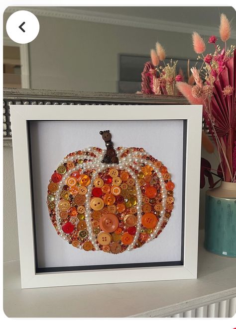 Button Pumpkin Art, Framed Bead Art, Art Using Buttons, Puzzle Crafts Wall Art, Bead Collage Art, Button Pumpkin Craft, Cool Fall Crafts, Fall Art Projects For Adults, Button Crafts Diy Project Ideas