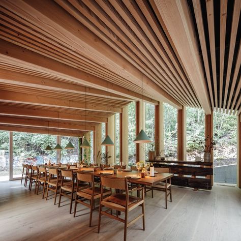 bjarke ingels group conceives 'garden village' for noma in copenhagen Noma Restaurant, Bjarke Ingels Group, Bjarke Ingels, Wood Ceiling, Private Dining Room, Wooden Ceilings, Space Interiors, Big Design, Camp Nou