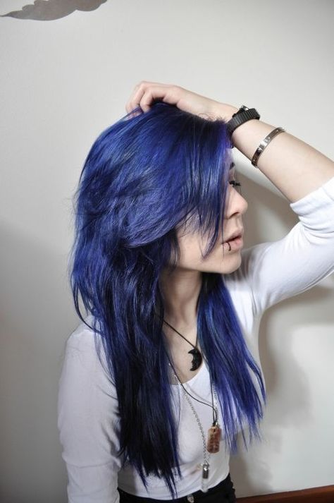 Midnight Blue Hair Dye, Angelic Hair, Angelic Style, Midnight Blue Hair, Indigo Hair, Raven Costume, Unnatural Hair Color, Emo Hairstyles, Dyed Hair Blue