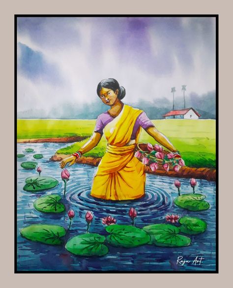 Indian village girl lotus collecting from pond or river. Water colour on paper. The painting is inspired by another artist's work. Village Water Colour Painting, River Scenery Painting, My River Drawing, Indian Village Scenery Drawing, Lotus Scenery Drawing, Village Scene Drawing Water Colour Easy, Village Drawing Landscapes Watercolor, Village Life Painting Indian, সিনারি Drawing