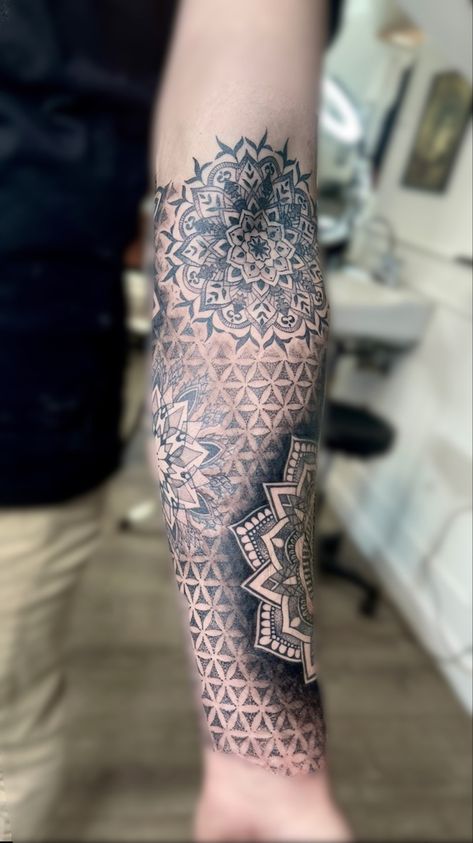 Geometric Sleeve Filler, Sacred Geometry Half Sleeve, Mandala And Geometric Tattoo Sleeve, Geometric Shading Tattoo, Women’s Tattoo Sleeve Filler, Mandala Sleeve Filler, Mandala Sleeve Tattoo Design Men, Geometric Tattoo Filler Sleeve, Mandala Filler Tattoo Ideas