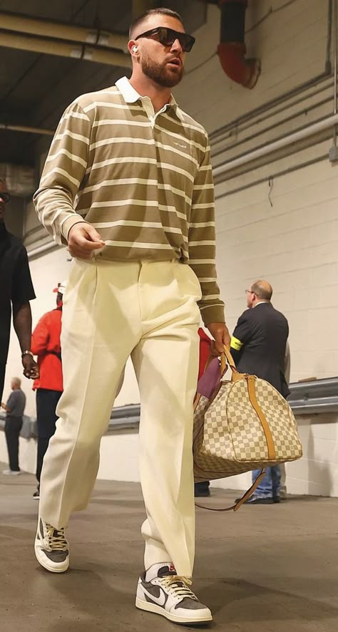 Male Modern Outfits, Men’s Street Fashion 2023, Best Drip Outfits Men, Travis Kelce Outfits, Mens Fall Fashion 2023, Mens Preppy Fashion, Brown And Yellow Outfit, Striped Shirt Outfit Men, Black Men Style