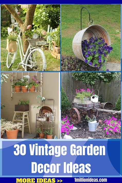 You love rustic elements, you are reading the right post. In this list, we will share 30 Vintage Garden Decor Ideas that… Outdoor Vintage Decor, Cottage Garden Decor Diy Ideas, Yard Decor Diy Outdoor Projects, Vintage Flower Garden Aesthetic, Shepherd Hooks Garden Ideas, Antique Flower Garden Ideas, Antique Flower Bed Ideas, Rustic Flower Gardens Country Living, Rustic Yard Decor