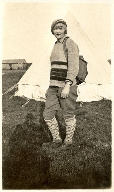 Camping 1930s Style. knickers knee socks sweater hat shoes found photo Hiking Attire, Vintage Hiking, Hiking Clothing, 1930's Style, Hiking Clothes, A Space Odyssey, 1930s Style, Vintage Outdoor, 30s Fashion