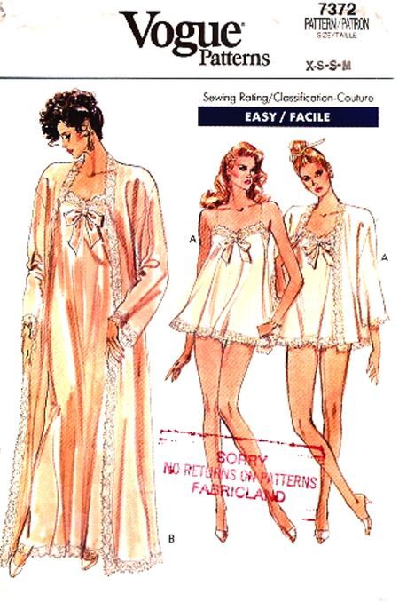 Panties Pattern, Nightgown Pattern, Vintage Vogue Patterns, Lingerie Patterns, Sewing Lingerie, Vogue Sewing, Vogue Sewing Patterns, Vogue Pattern, Women's Robe