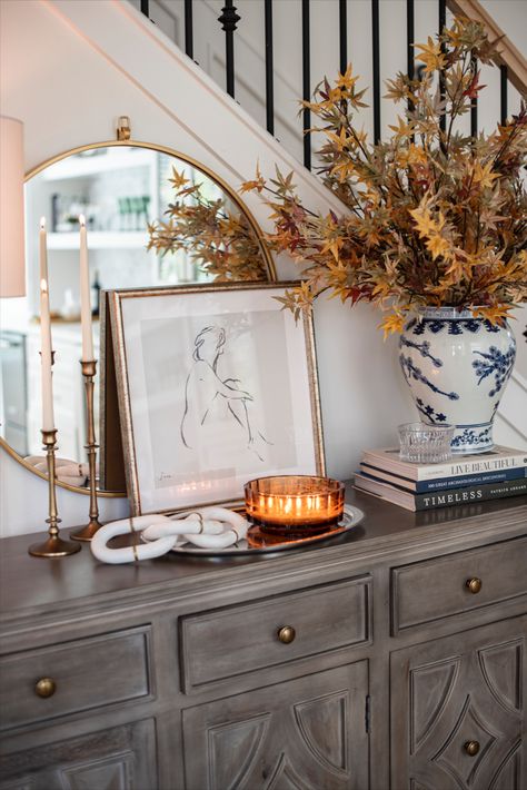 Entry way table styled with Pottery Barn foliage and candle sticks perfect for Fall Pottery Barn Aesthetic, Traditional Entry Way, Fall Entry Table Decor, Fall Entry Table, Pottery Barn Fall, Dr Kitchen, Transitional Home Style, Traditional Entry, Fall Entry