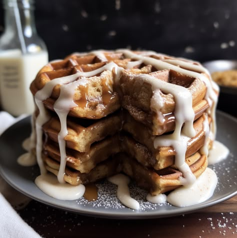 Cinnamon Roll Waffles Waffles With Cinnamon, Waffles Cinnamon Roll, Cinnamon Toast Waffles Recipe, Cinnamon Bun Waffles, Pumpkin Cinnamon Waffles, Cinnamon Roll Waffle, Stuffed Waffles, Cinnamon Waffles, Cinnamon Roll Waffles