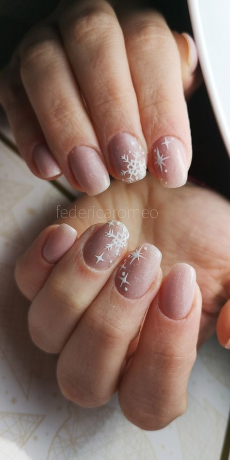 Nude Nails With Snowflake Design, Nude Nails Snowflake, Snowflake French Manicure, Matte Snowflake Nails, Tasteful Christmas Nails, Pink Snowflake Nails Short, Neutral Snowflake Nails, Clear Snowflake Nails, Low Key Christmas Nails