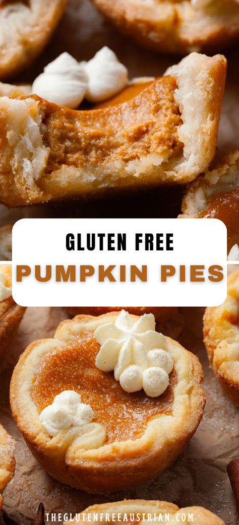 These Gluten Free Mini Pumpkin Pies are undeniably cute and delicious. Everything you love about Pumpkin Pie, just in a bite-size version. Picture a buttery, flaky gluten free pie crust filled with a smooth and perfectly spiced pumpkin pie filling. Gluten Free Pumpkin Pie Bites, Gluten Free Mini Pumpkin Pies, Gluten Free Pie Filling Recipes, Gluten Free Pastries Recipes, Gf Df Recipes Desserts, Gluten Free Mini Pies, Gluten Free Thanksgiving Desserts Easy, Gf Thanksgiving Desserts, Gluten Free Recipes For Thanksgiving