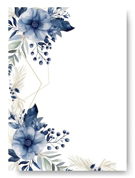 Blue Flower Frame, White Floral Watercolor, Blue Flowers Background, Blue Anemone, Flowers With Leaves, Wedding Card Frames, Blue Watercolor Floral, Floral Cards Design, Navy Blue Wedding Invitations