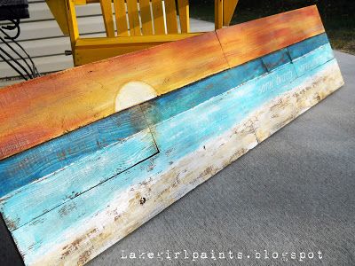 Lake Girl Paints: Sunset Beach Art from Fence Boards Art Ideas For Teens, Art Plage, Lake Girl, Beach Room, Beach Bedroom, Tableau Art, Budget Backyard, Beach Signs, Pallet Art