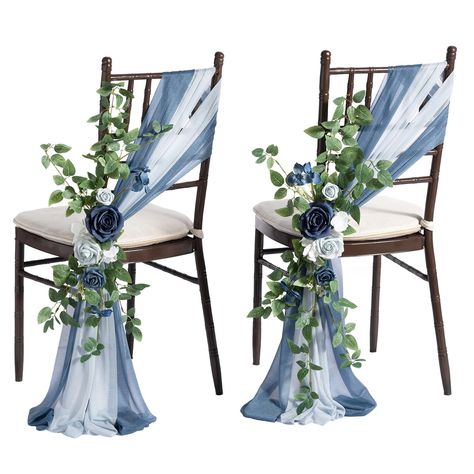 PRICES MAY VARY. Wedding aisle decor details: Set of 8 pre-made wedding aisle decoration flowers, 16 pcs runner drapes with ribbon, which helps to create your romantic spring/dusty blue and navy/summer wedding. Aisle suitable for four rows of guest seating. If there are more queues, it is recommended to purchase multiple copies. Suitable size for chairs: The wedding chair flower decor is 24" L x 10" W, and the chair sash is 96" L x 8" W. Easy to use: First, install the chiffon fabric on the chai Pew Flowers, Wedding Chair Sashes, Pew Decorations, Blue Wedding Decorations, Wedding Chair Decorations, Aisle Flowers, Chair Covers Wedding, Wedding Aisle Decorations, Blue Themed Wedding