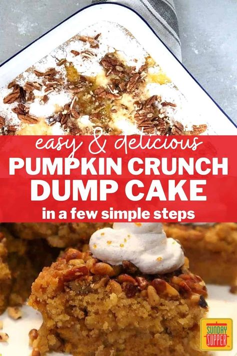 Easy Pumpkin Dump Cake Pumpkin Crunch Dump Cake, Pumpkin Crunch Cake Recipe, Pumpkin Crunch Recipe, Pumpkin Pie Crunch, Crunch Cake Recipe, Pumpkin Dump Cake Recipe, Easy Dump Cake Recipe, Pumpkin Crunch Cake, Pumpkin Crunch