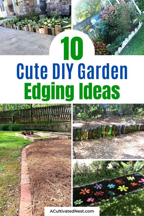 10 Cute DIY Garden Edging Ideas- Whether you have a sprawling garden or a cozy backyard, these DIY garden edging ideas will add charm and character to your landscape! | #GardenIdeas #DIYEdging #GardenProjects #gardening #ACultivatedNest Garden Boarders Ideas, Diy Garden Edging, Garden Edging Ideas Cheap, Metal Garden Edging, Wine Bottle Garden, Creating A Garden, Brick Garden Edging, Flower Bed Borders, Garden Edging Ideas