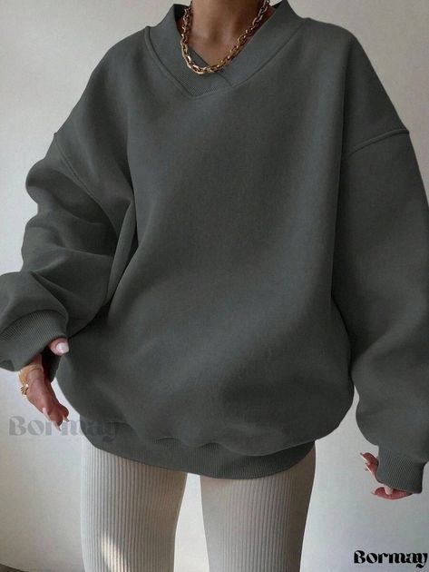 New Fall Collection Women's Solid Color Long Sleeve Round Neck Pullover Sweatshirt - Oversized & Relaxed Fit Color Sweatshirt, Deep Gray, Long Sweatshirt, Solid Color, Crew Neck, Sweatshirts, Grey, Long Sleeve, Clothes