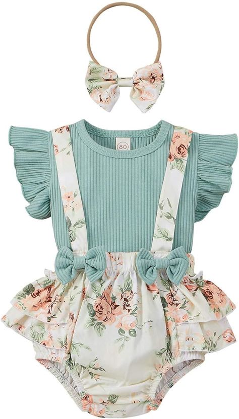 Amazon.com: DuAnyozu Infant Newborn Baby Girl Floral Summer Outfits Ruffle Sleeve Ribbed T-Shirt and Suspender Shorts with Headband: Clothing, Shoes & Jewelry Floral Pants Outfit, Floral Outfit Summer, Suspender Shorts, Skirt Top Set, Headband Outfit, Baby Girl Shorts, Perfect Summer Outfit, Suspenders Set