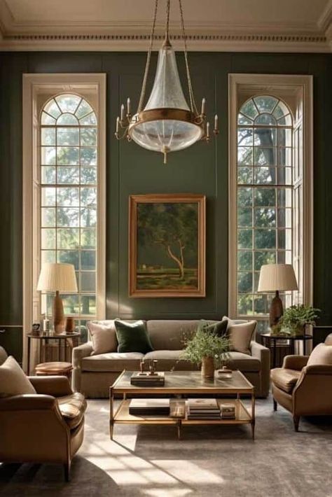 Old Money Home Decor Inspiration Dark Green Accent Living Room, French Inspired Interior Design, English Traditional Living Room, Gothic Revival Interior Design, Dark Green Sitting Room, Vintage Chic Living Room, Dark Wood Fireplace, Mood Living Room, Green Sitting Room