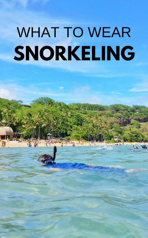 Snorkeling tips for beginners when your beach vacation takes you to best snorkeling spots in Oahu on Hawaii vacation, on a Caribbean cruise to Cozumel Mexico, Key West or Key Largo in Florida Keys, or other top snorkeling destination in the USA or world! What to wear snorkeling as your outfit, travel tips for best snorkel gear to put on your travel packing list. Lots has to do with UV sun protection with rash guards and board shorts. Snorkeling after a hike sounds like perfect day itinerary! ;) Snorkelling Outfit, Snorkeling Outfit, Snorkeling Tips, Cruise 101, Beach Vacation Tips, Snorkel Gear, Cruise Packing Tips, Key Largo Florida, Travel Packing List