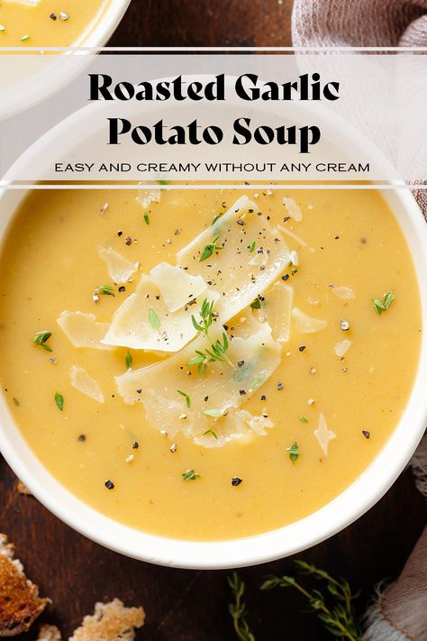 This Potato Garlic Soup is made with roasted garlic and potatoes make it extra creamy without any dairy. You can serve it on its own for lunch or light dinner or as a starter. The soup is freezer-friendly and so easy to make! Creamy Soup Recipes, Potato Soup Easy, Garlic Roasted Potatoes, Garlic Soup, Yellow Potatoes, Garlic Potatoes, Broccoli Soup, Garlic Head, Garlic Bulb