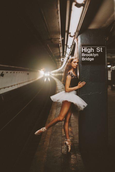 NYCSeniorphoto New York City Senior Photos, Brooklyn Bridge Senior Pictures, Train Track Portrait Photography, Senior Photos Train Tracks, Nyc Dance Photography, Nyc Subway Station, Joffrey Ballet, Subway Station, Ballet School