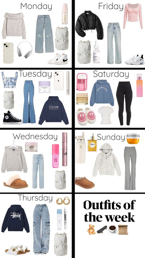 #outfit #outfitinspo Outfit Ideas For The Week, Monday To Friday Outfits, Thursday Outfit For School, Days Of The Week Outfits, Friday School Outfit, Monday Outfits For School, Monday Outfits, Aquarius Funny, Weekday Outfits