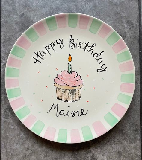 Happy Birthday Plate Personalised Plate Hand-painted Plate celebration Plate Birthday Plate Party Plate Cake Plate - Etsy 1st Birthday Plate Diy, First Birthday Plate Ideas, Diy Happy Birthday Plate, Birthday Plate Ceramic, Birthday Plate Design, Birthday Plate Painting Ideas, Birthday Plate Ideas Ceramic, Birthday Plate Girl, Diy Birthday Plate Kids