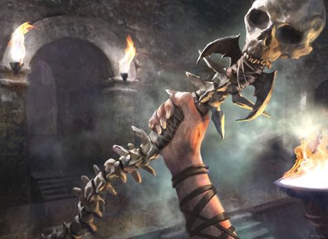 Evil bone staff. Dragon Age Rpg, Wizard Staff, Mtg Art, Magic Items, Magic The Gathering Cards, Game Inspiration, Fantasy Aesthetic, High Fantasy, Magic Art