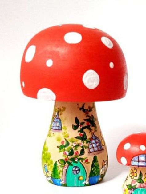 Fairy Toadstool, Wooden Mushrooms, Mushroom Painting, Toadstool Mushroom, Mushroom Paint, Mushroom Crafts, Wood Peg Dolls, Brick And Wood, Personalized Gift Bags